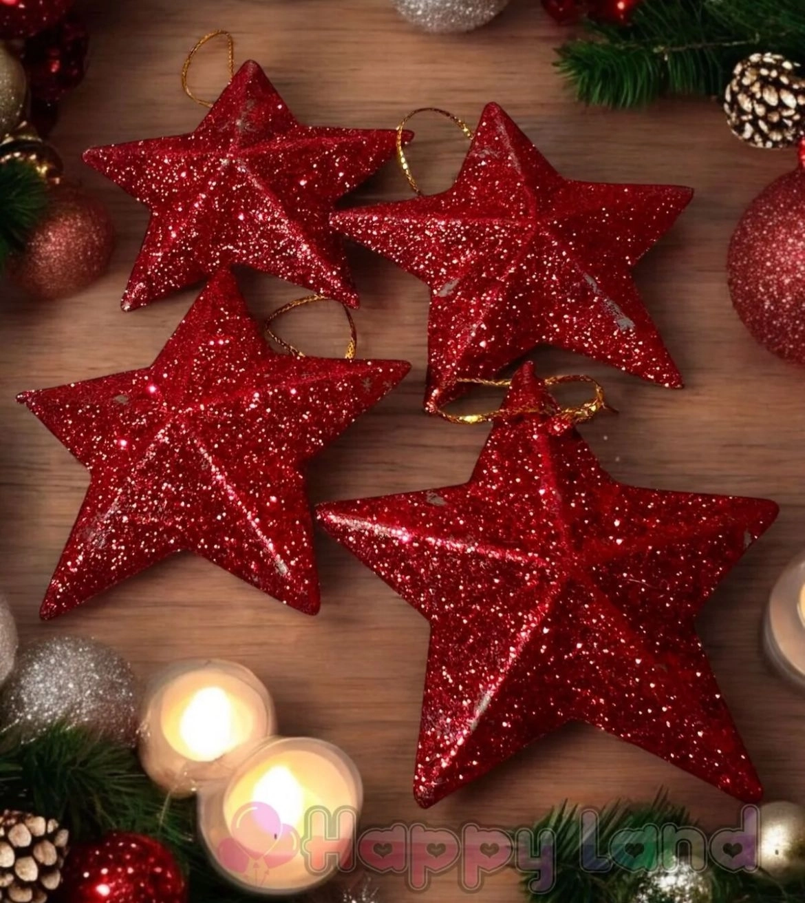 Happyland Yılbaşı Ağacı Süsü 4’lü Kırmızı Renkli Yıldız Süs 7 cm HPY26012