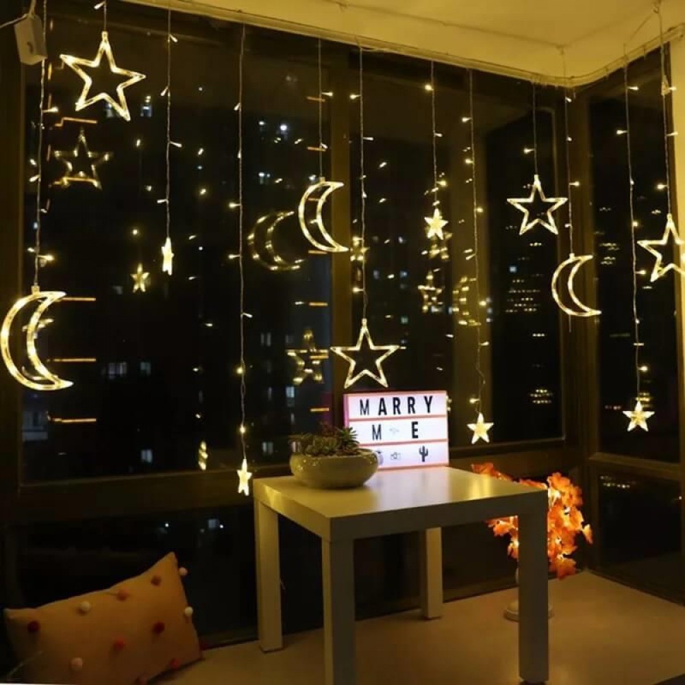 Happyland Ay Yıldız Perde Led Işıklar Animasyonlu Fişli Sarkıt Dekoratif Ay Yıldız Saçaklı Led Kumandalı Perde Led