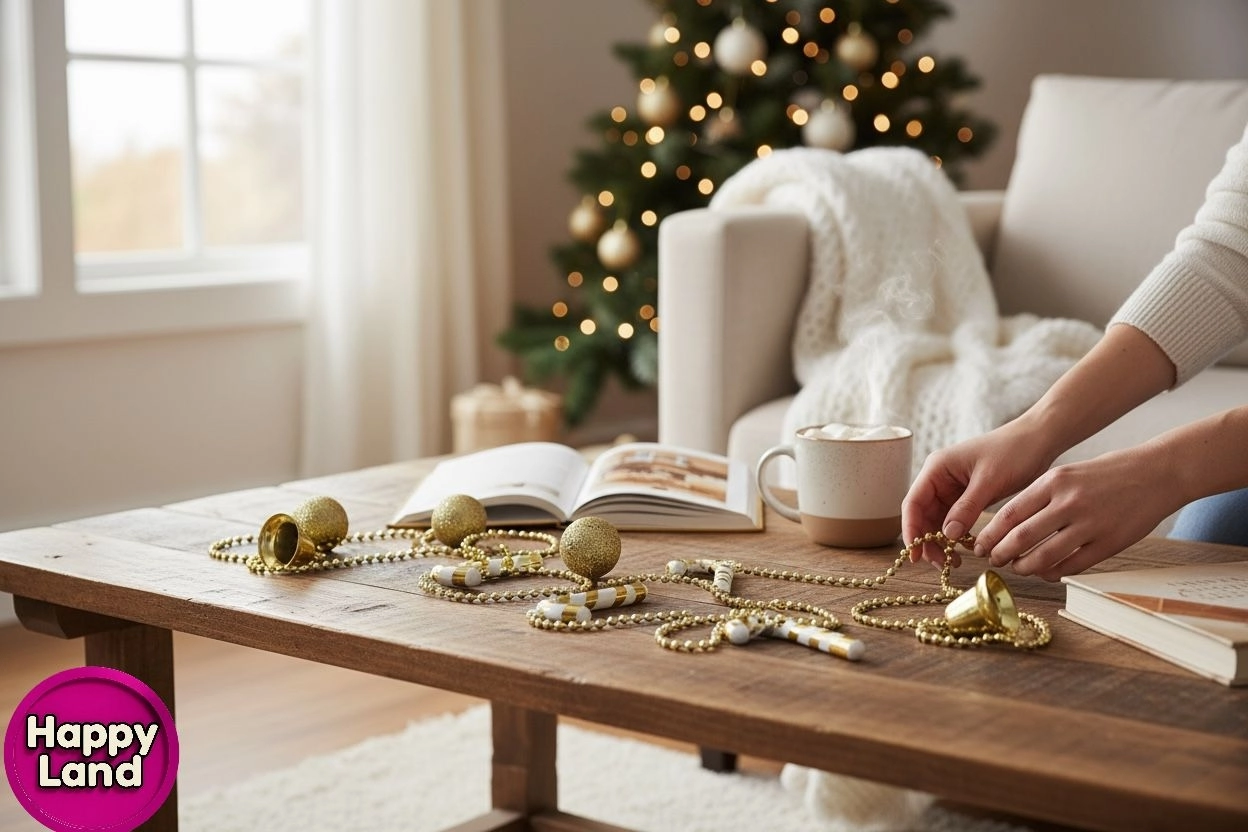 Happyland Yılbaşı Ağacı Süsü Beyaz Gold Baston Şekerli Karışık Zincir Süs 100 cm HPY26014