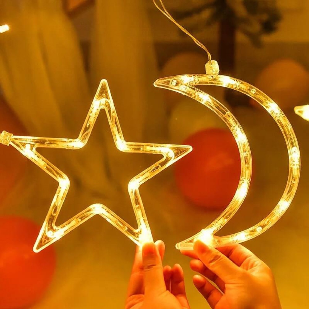 Happyland Ay Yıldız Perde Led Işıklar Animasyonlu Fişli Sarkıt Dekoratif Ay Yıldız Saçaklı Led Kumandalı Perde Led