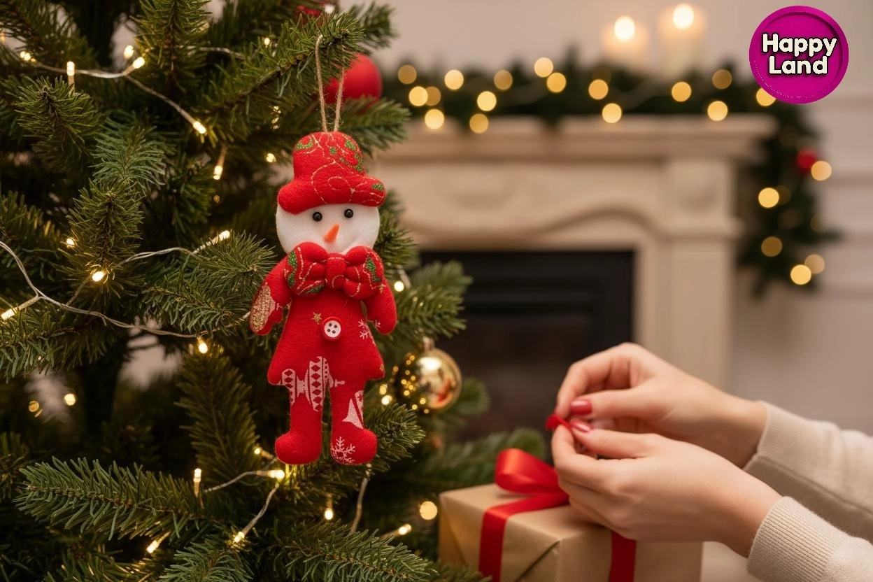 Happyland Yılbaşı Çam Ağacı Süsü Kardanadam Peluş Kırmızı Papyonlu Model Asma Süs 17 cm Noel Dekor