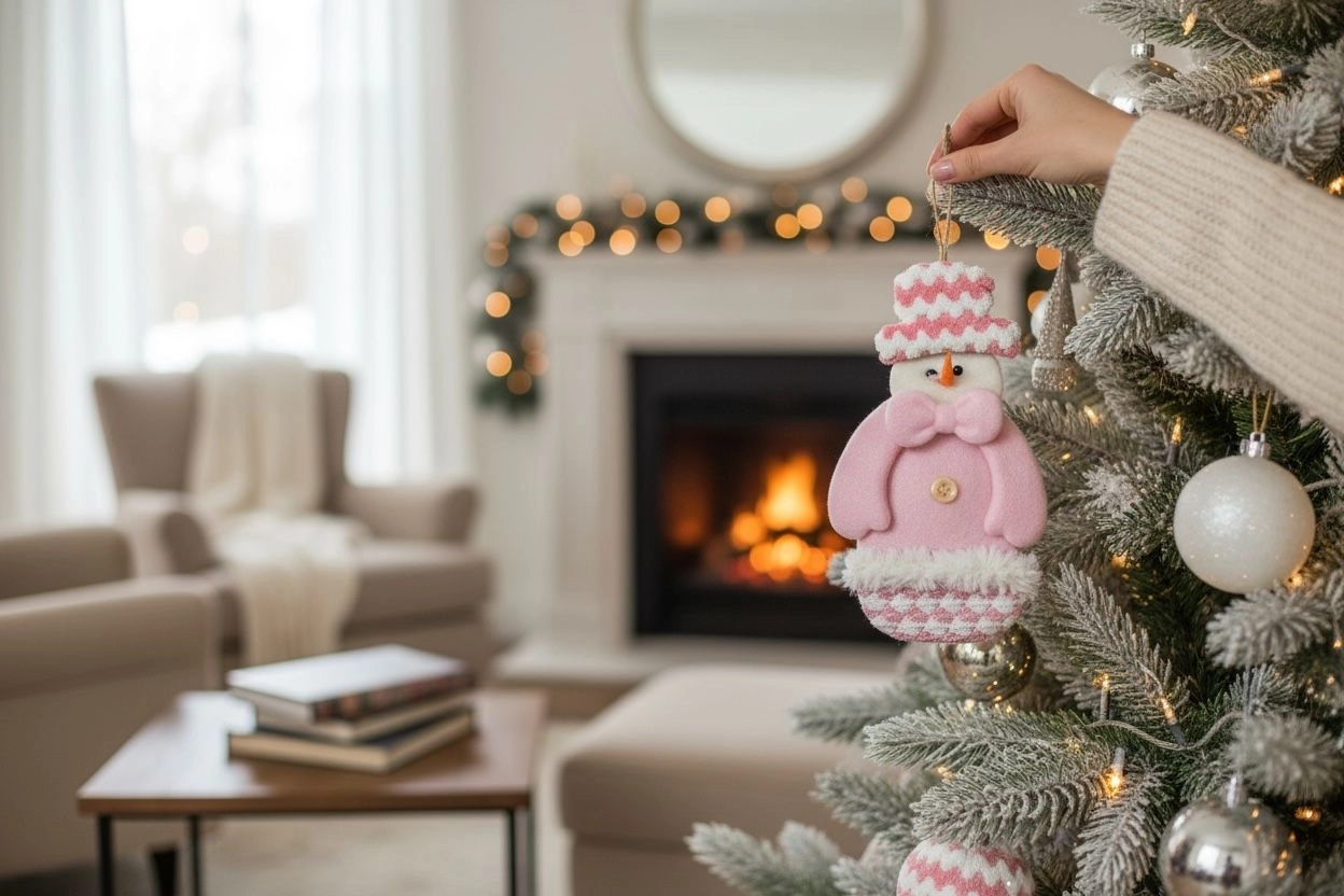   Yılbaşı Ağacı Süsü Kardanadam Peluş Makaron Pembe Renk Asma Süs 20 cm Noel Dekor HPY26044 