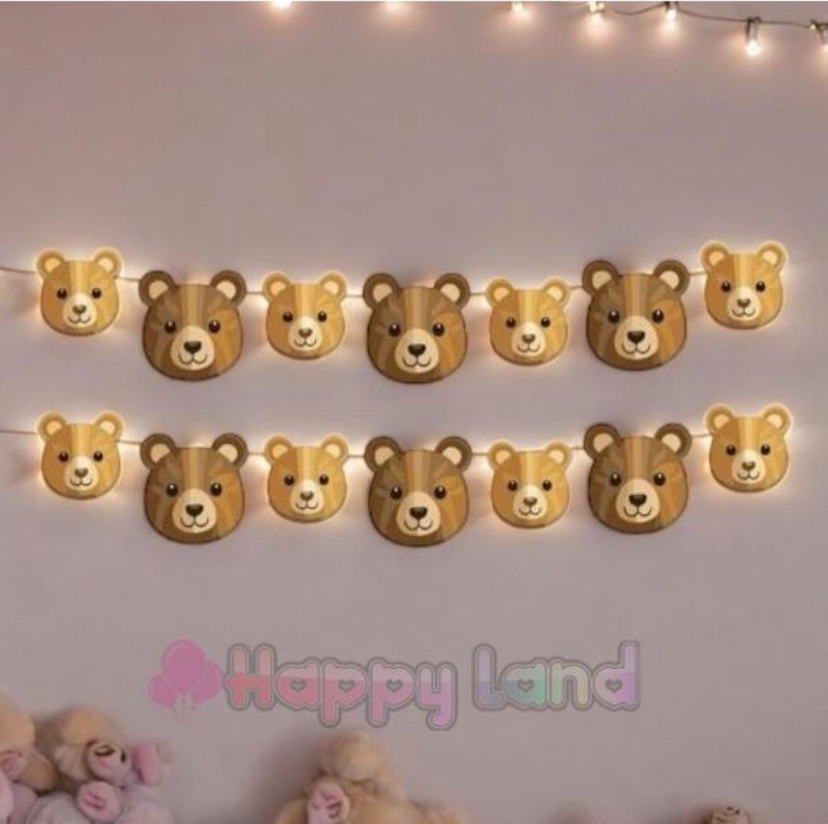 Happyland Ayıcık Karakterli Dekoratif Banner Duvar Süsü Retro Ayı Konsept Doğum Günü Parti Süsleri
