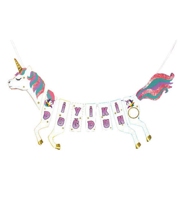 Unicorn Temalı Flama Asmalı At Şeklinde Iyiki Doğdun Yazısı Simli