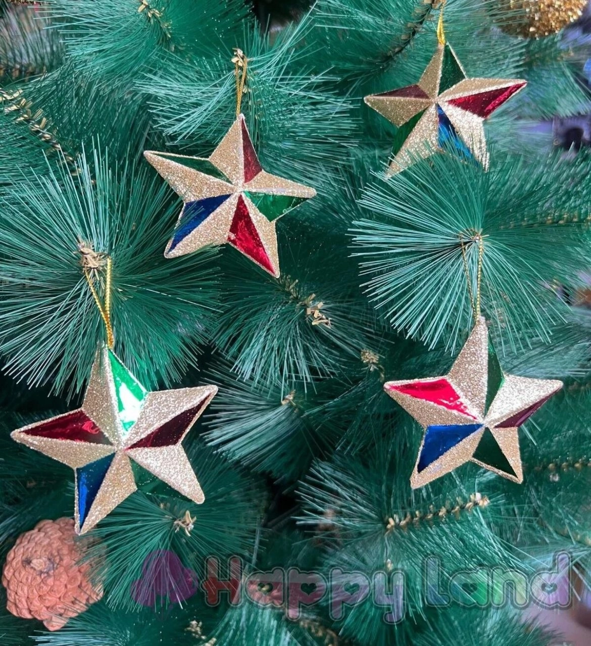 Happyland Yılbaşı Çam Ağacı Süsü 4’lü  Renkli Simli Yıldız Süs 7 Cm Yılbaşı Yıldız Süs