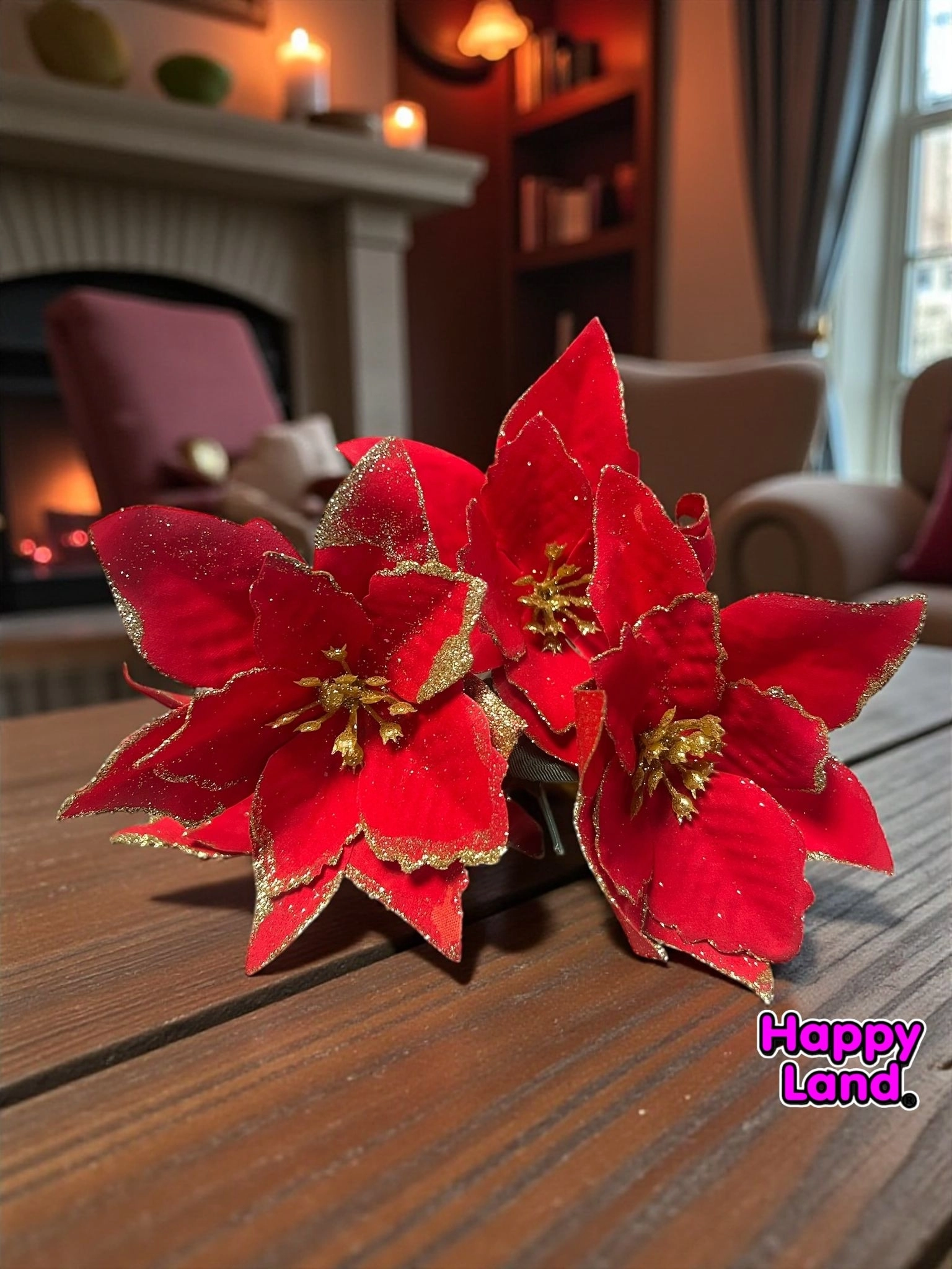 Happyland Yılbaşı Çiçeği 1 Demet 5 Çiçekli Kırmızı Gold Simli Ponsetya Atatürk Çiçeği Yılbaşı Yapay Çiçek