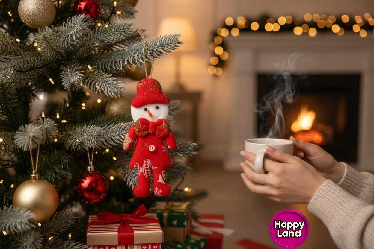 Happyland Yılbaşı Çam Ağacı Süsü Kardanadam Peluş Kırmızı Papyonlu Model Asma Süs 17 cm Noel Dekor