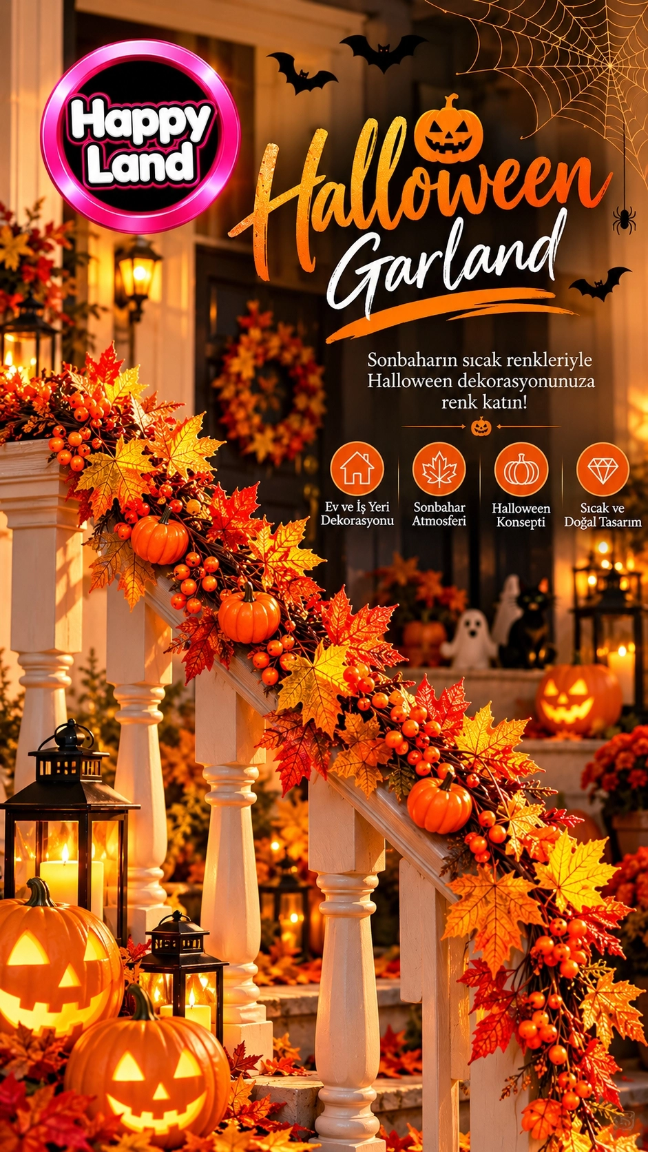 Happyland Cadılar Bayramı Dekoratif Balkabaklı Garland – Sonbahar ve Halloween Dekoru 150 cm
