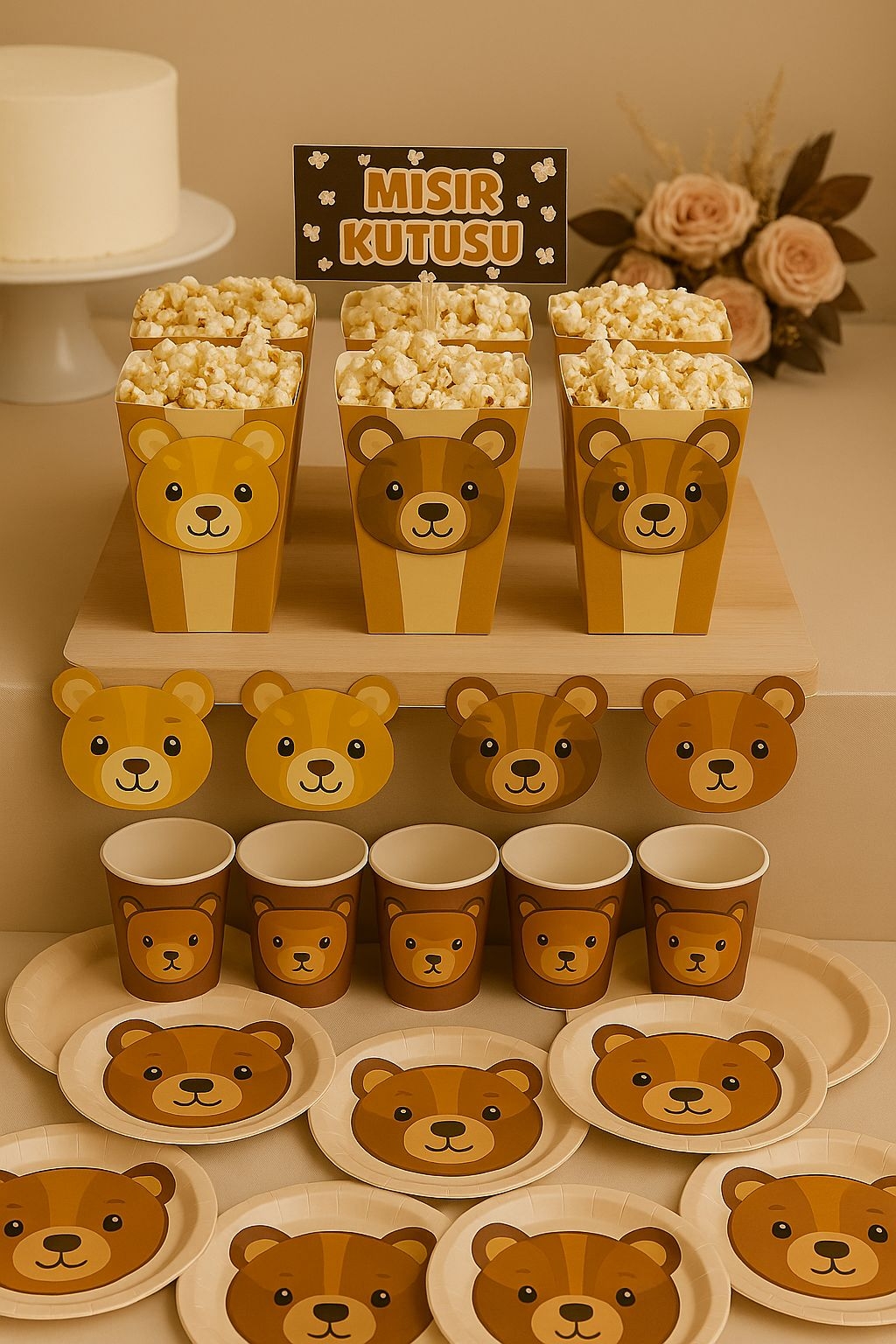 Happyland Ayıcıklı Retro ( Kahve ) Konsept Doğum Günü Baby shower Tabak Bardak Mısır Kutusu Seti