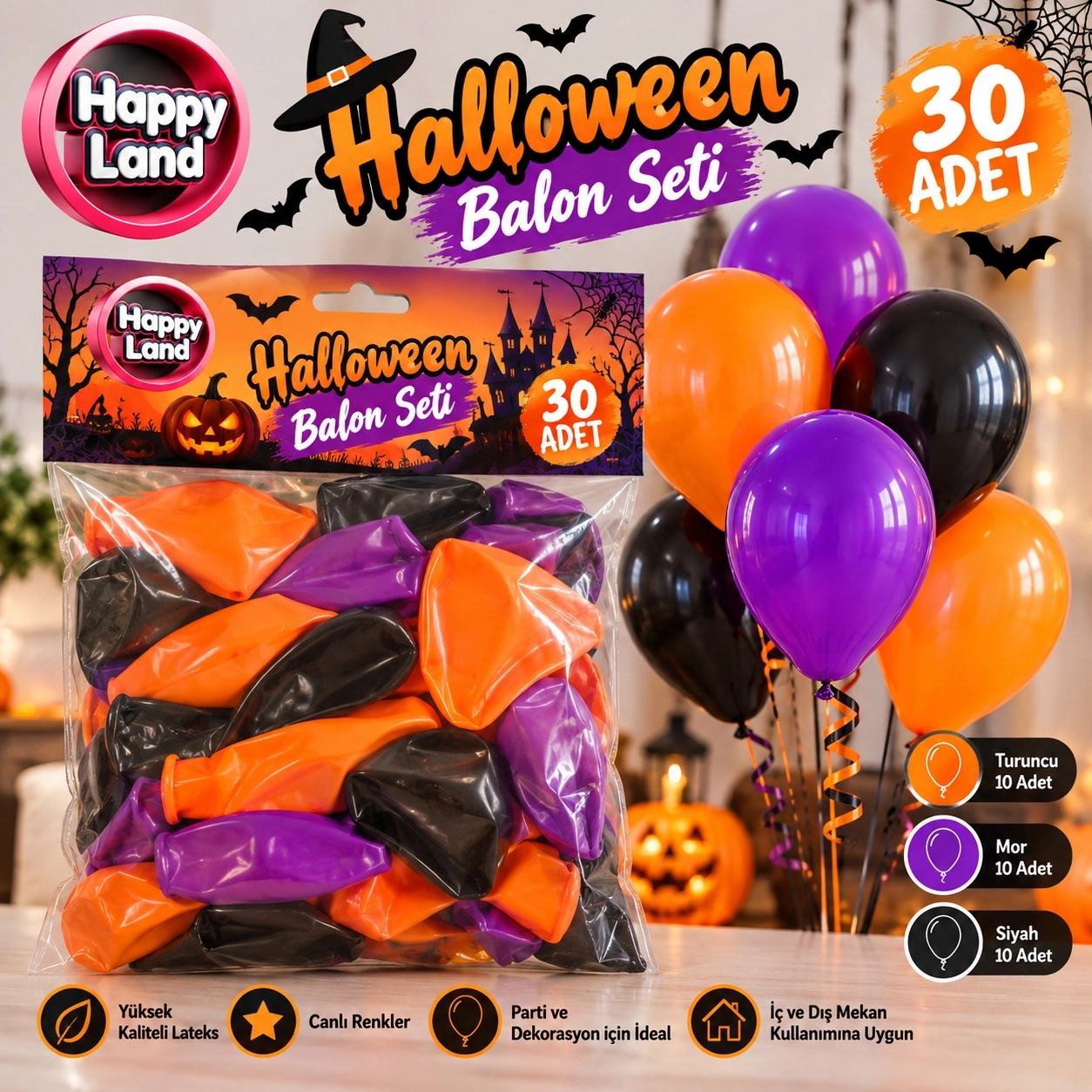 Happyland 30 Adet Halloween Cadılar Bayramı Mor, Siyah, Turuncu Parti Balonu, Halloween Parti Süsleri