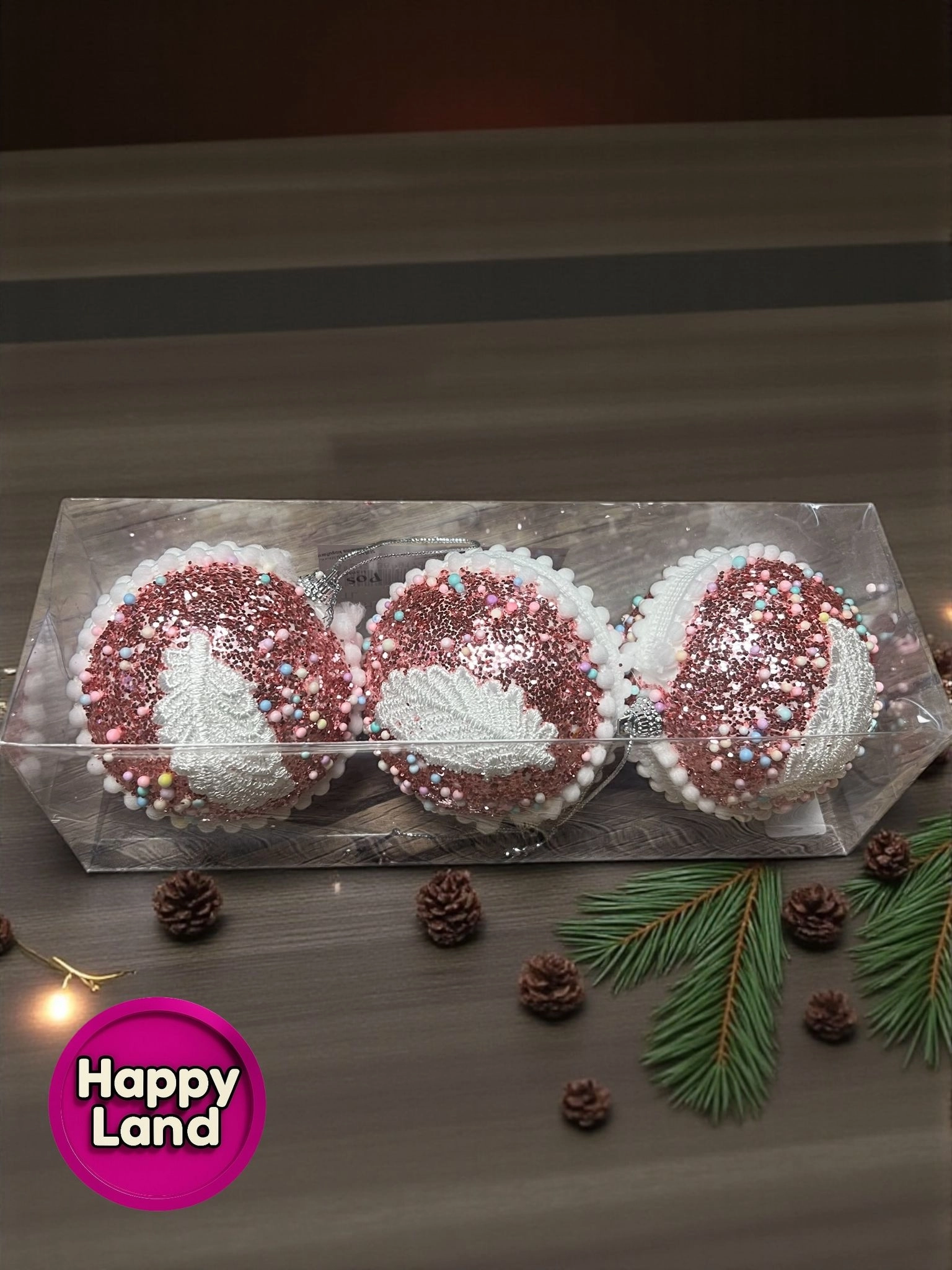 Happyland Yılbaşı Ağacı Süsü Rose Pembe Parıltılı Süslü 6 adet 8 cm Lüks Yılbaşı Topu HAPPY2025109