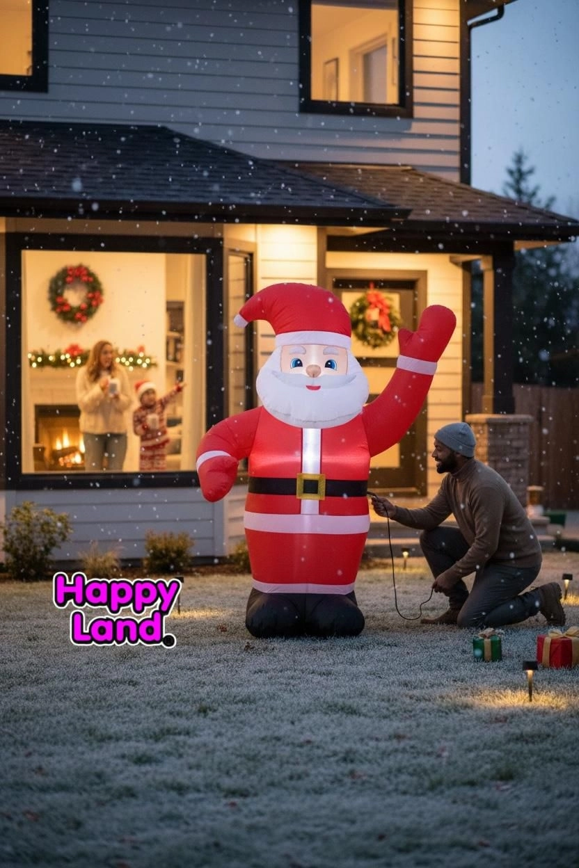 Happyland Yılbaşı Noel Baba Işıklı Şişme Dekor 120 cm Ev Kapı Önü Dükkan Noel Baba Dekor