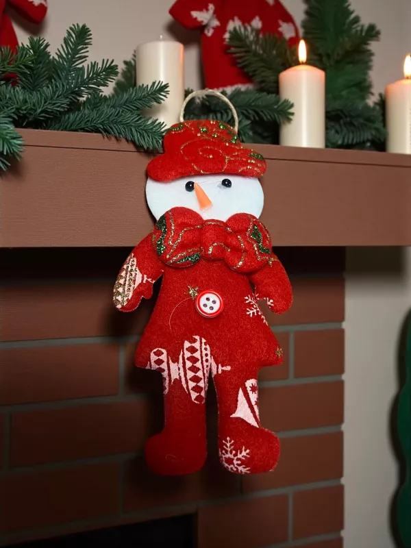 Happyland Yılbaşı Çam Ağacı Süsü Kardanadam Peluş Kırmızı Papyonlu Model Asma Süs 17 cm Noel Dekor