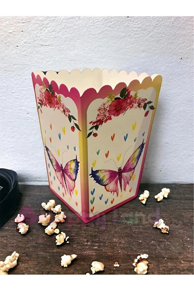 Happyland Kelebekli Konsept Doğum Günü Partisi Popcorn Mısır Kutusu 8’li Kelebek Desenli