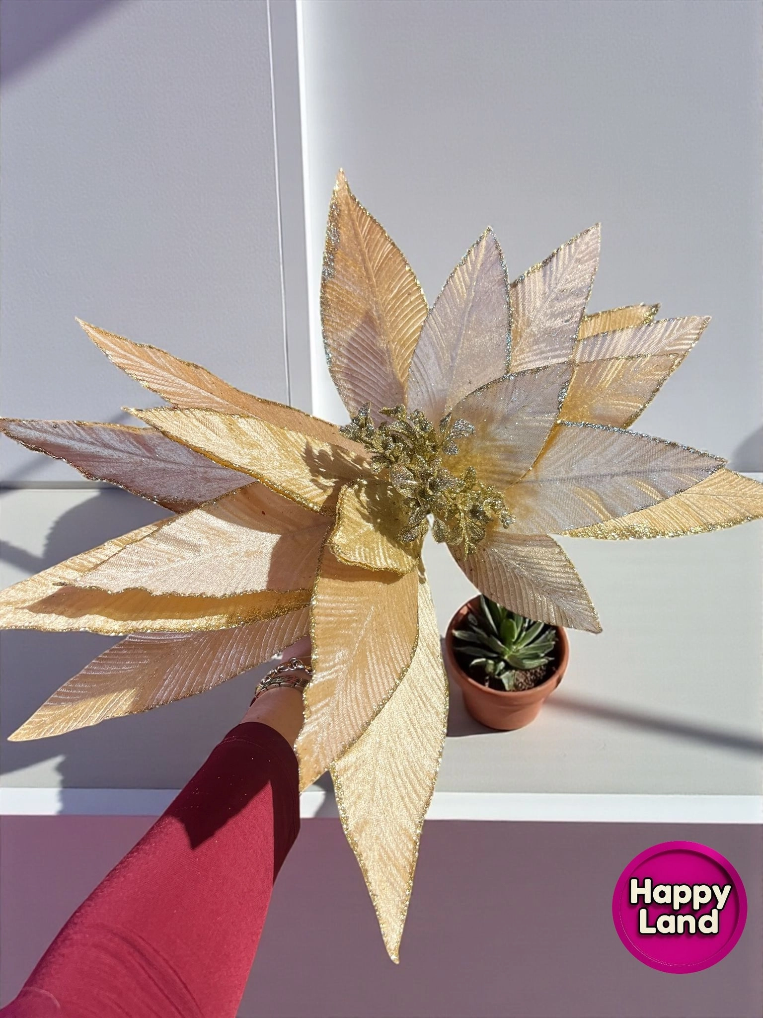 Happyland Yılbaşı Süsü Yapay Simli Papatya Ponsetya Gold 60 cm Büyük Boy Atatürk Çiçeği HPY26082