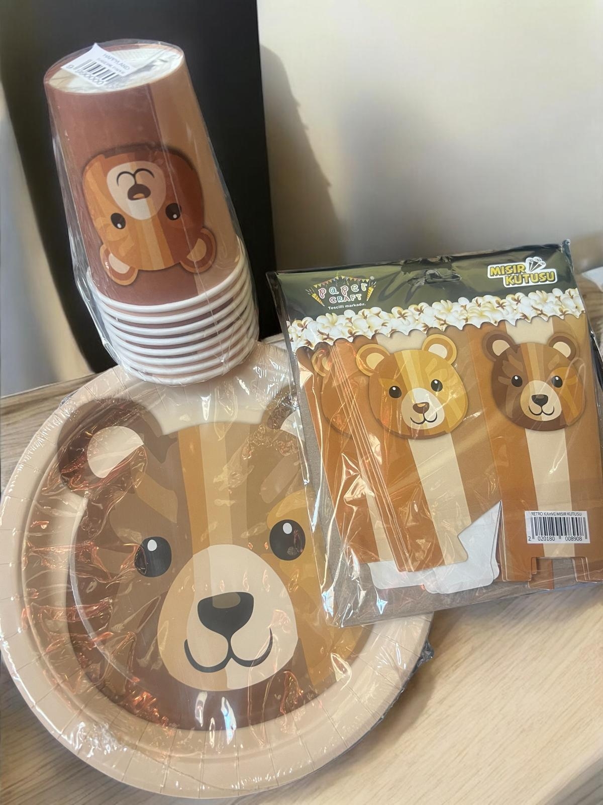 Happyland Ayıcıklı Retro ( Kahve ) Konsept Doğum Günü Baby shower Tabak Bardak Mısır Kutusu Seti