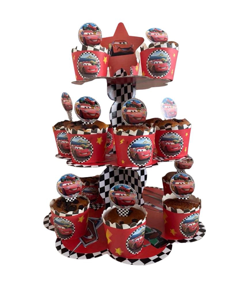 Happyland Cars Figürlü (Arabalar) Karakterli Kek Standı + Kek Kapsülü + Kürdan 3’lü Set Erkek Doğum Günü Partisi Seti Şimşek Mcqueen Temalı Parti Cake Set Cup Cake Standı Seti
