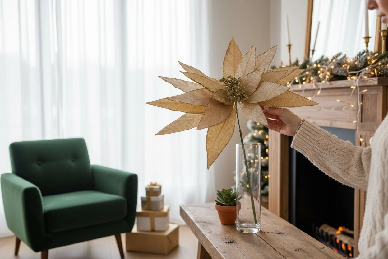 Happyland Yılbaşı Süsü Yapay Simli Papatya Ponsetya Gold 60 cm Büyük Boy Atatürk Çiçeği HPY26082