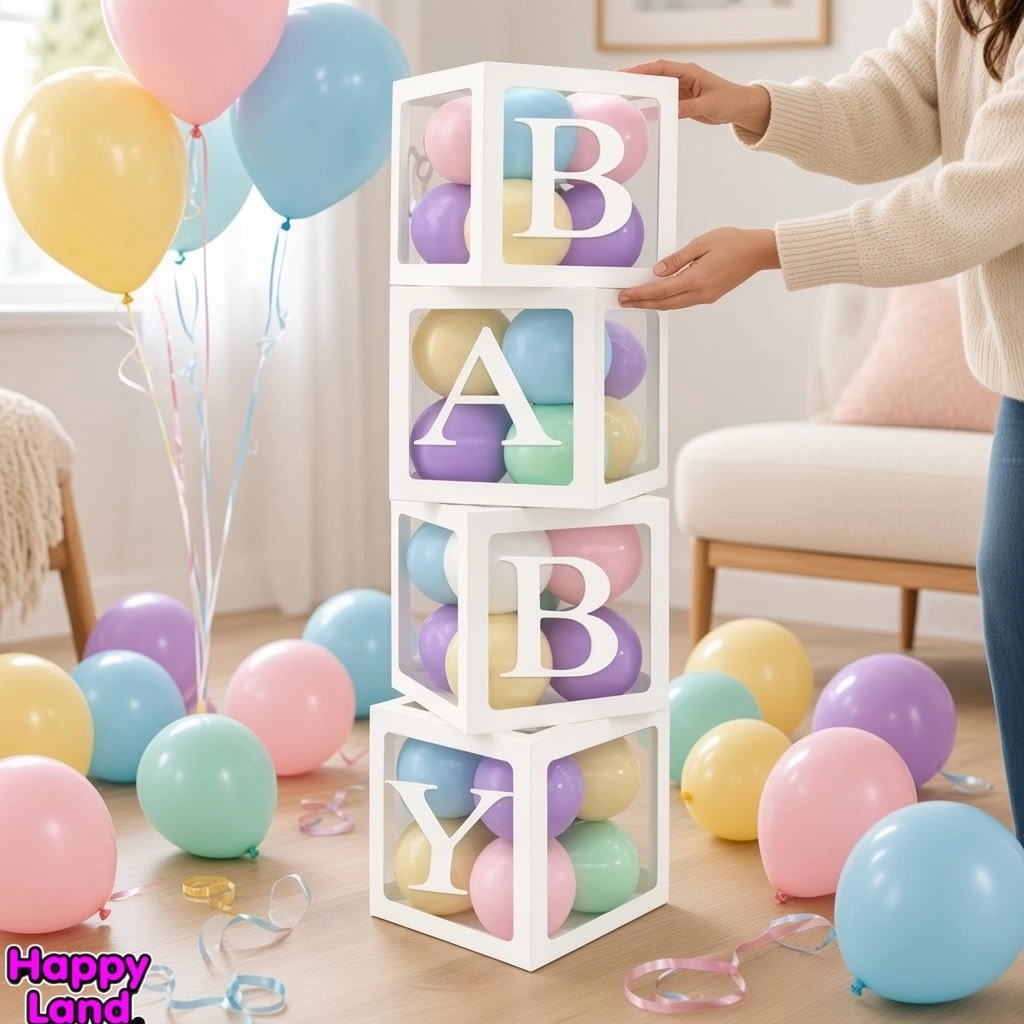 Happyland Baby Kutu Set 4 Adet  Beyaz Balon Kutusu Şeffaf Baby Kutu One Baby Boy Girl Yazılı Balon Kutuları |Baby Balon Kutu