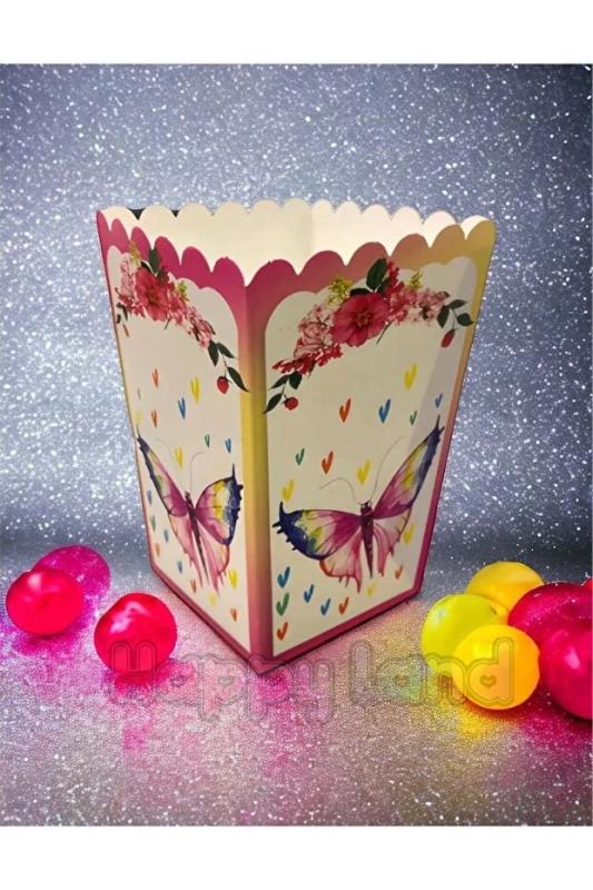 Happyland Kelebekli Konsept Doğum Günü Partisi Popcorn Mısır Kutusu 8’li Kelebek Desenli