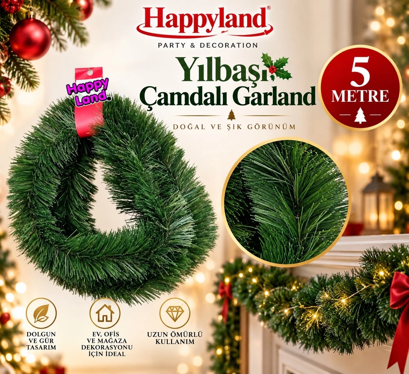 Happyland 5 Metre X 70mm Yeşil Çam Dalı Şerit Garland Yılbaşı Ağacı Gürleştirici Dekor Doğal Görünüm Dekor