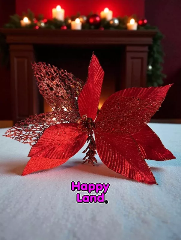 Happyland Yılbaşı Ağacı Süsü Kırmızı Simli Ponsetya Çiçek 28 CM HPY26079
