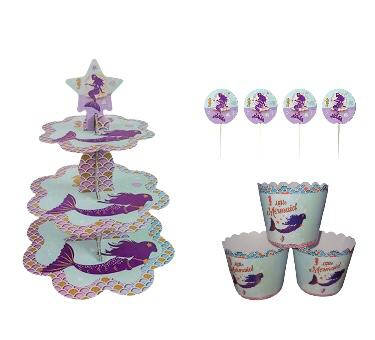 Happyland Deniz Kızı Karakterli Kek Standı + Kek Kapsülü + Kürdan 3’lü Set Kız Doğum Günü Partisi Seti Deniz Kızı Parti Cake Set Cup Cake Standı Seti