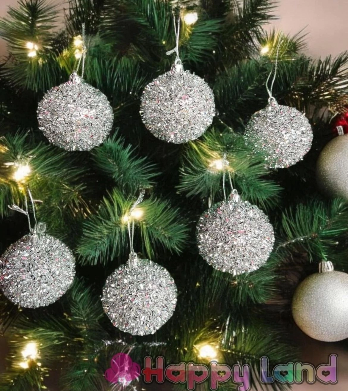 Happyland Yılbaşı Ağacı Çam Ağacı Süsü Gümüş Pullu Parıltılı Model 6 Adet Yılbaşı Topu 6 Cm Cici Top