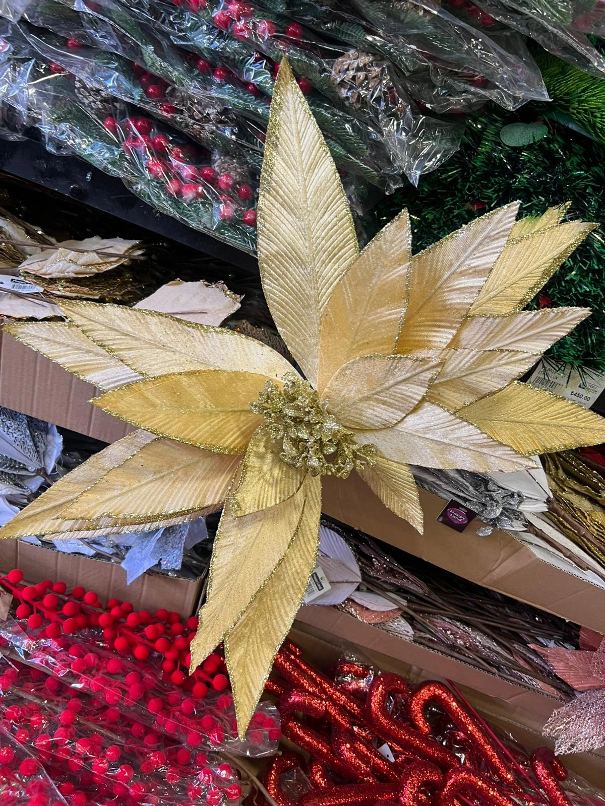 Happyland Yılbaşı Süsü Yapay Simli Papatya Ponsetya Gold 60 cm Büyük Boy Atatürk Çiçeği HPY26082