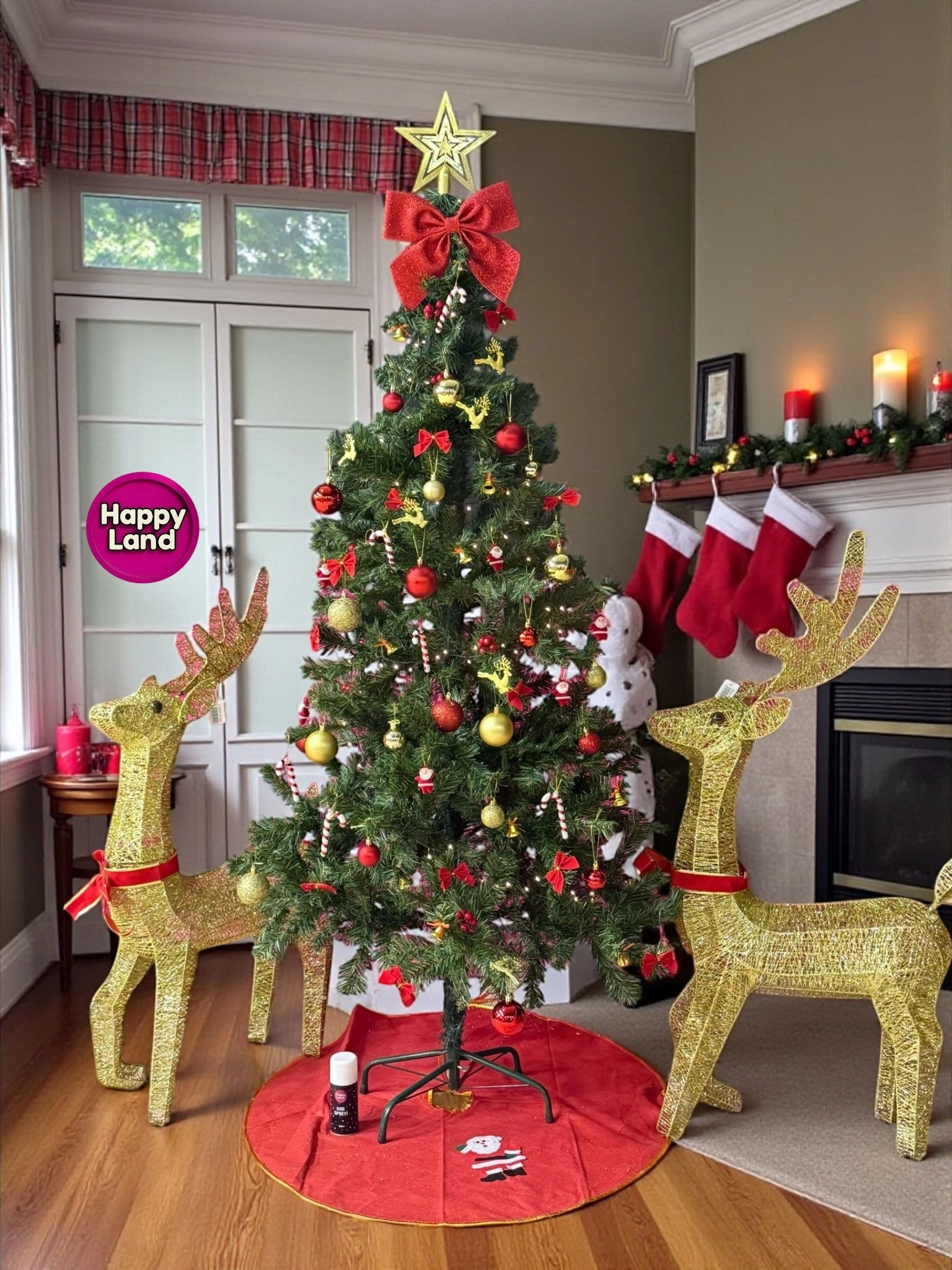 Happyland 180 Cm Yılbaşı Çam Ağacı Seti 5mSarı LedIşıklı 67’li Kırmızı Gold Yılbaşı Seti , KarSpreyi