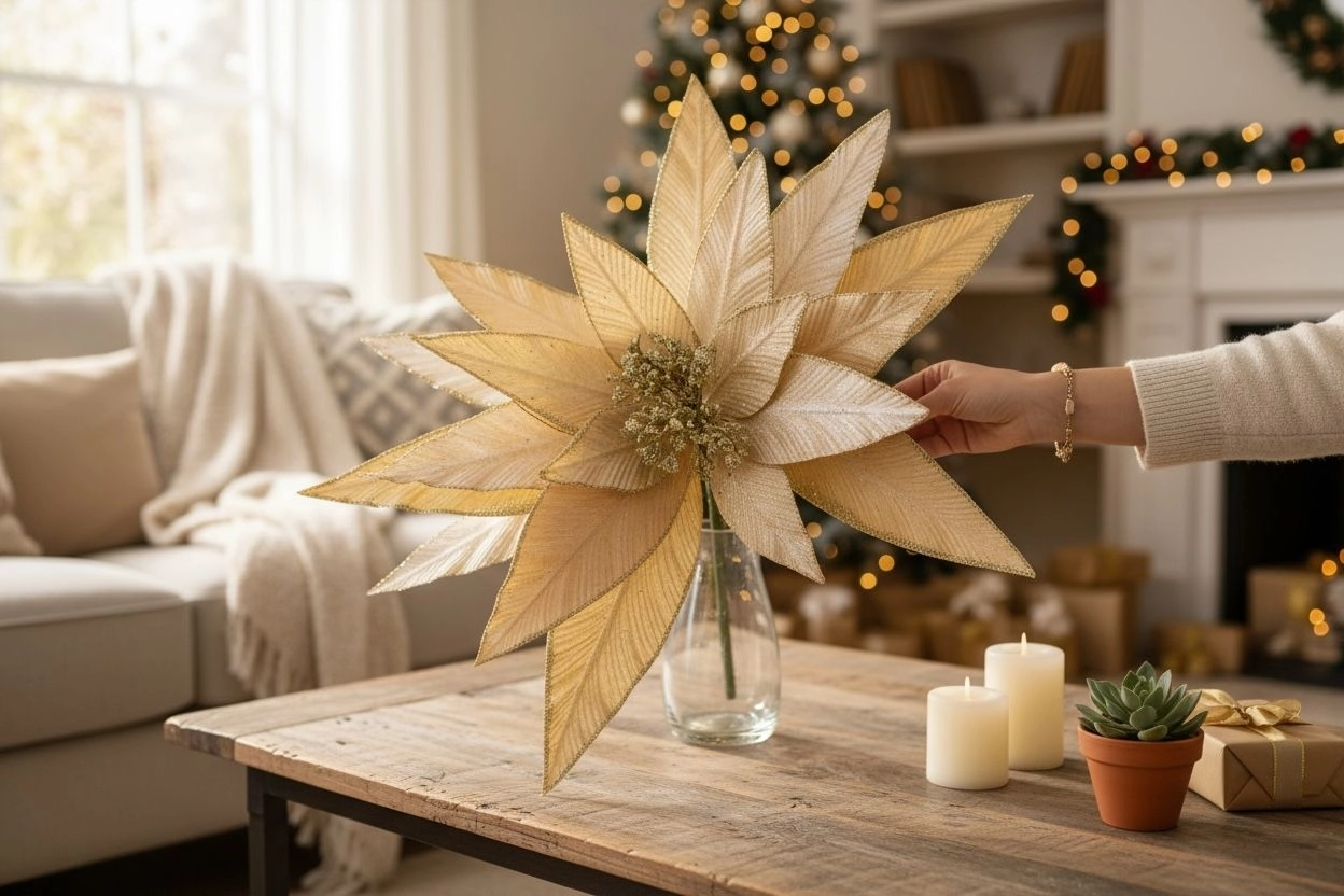 Happyland Yılbaşı Süsü Yapay Simli Papatya Ponsetya Gold 60 cm Büyük Boy Atatürk Çiçeği HPY26082