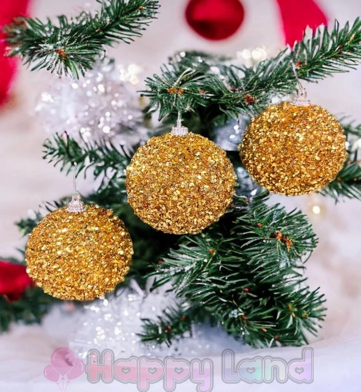 Happyland Yılbaşı Çam Ağacı Süsü Gold Pullu Parıltılı Büyük Boy YılBaşı Topu 3 Adet Yeni Yıl Süs