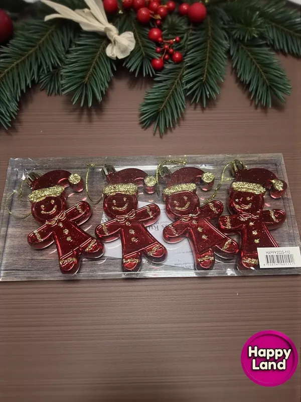 Happyland Yılbaşı Süsü Gingerbread Kurabiye Adam Asma Süs 4 Adet 10 cm Kırmızı Renk HAPPY2025110