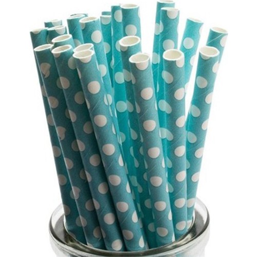 25 Adet Beyaz Puantiyeli Mavi Karton Pipet Benekli Parti Pipeti