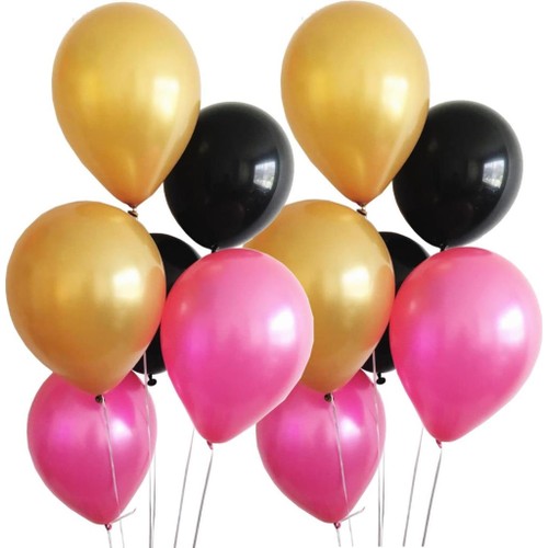30 Adet Metalik Sedefli (Gold-Siyah-Fuşya) Karışık Balon