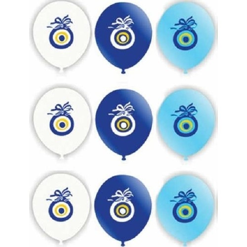 32 Adet Nazar Boncuklu Mavi Beyaz Balon Helyumla Uçan