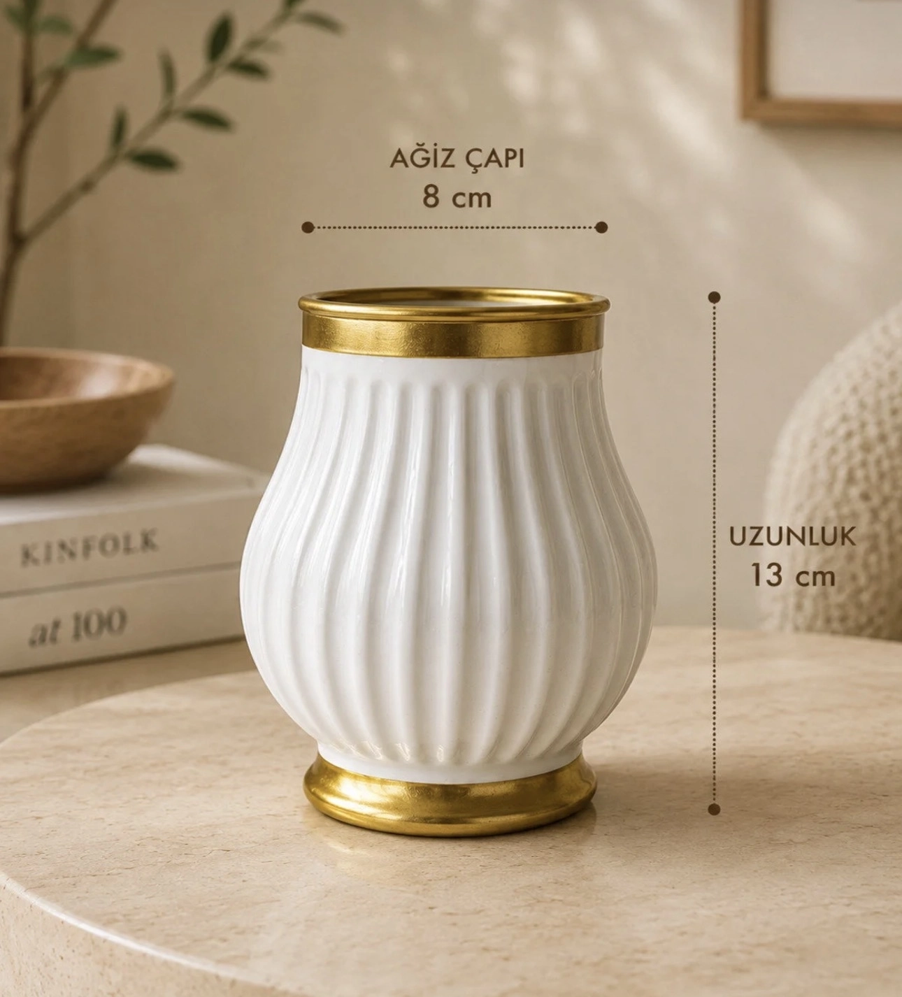 Happyland Vazo Kırılmaz Gold Detaylı Fitilli Dekoratif Vazo 13 cm – Modern Yapay Çiçek ve Aranjman Vazosu SK69
