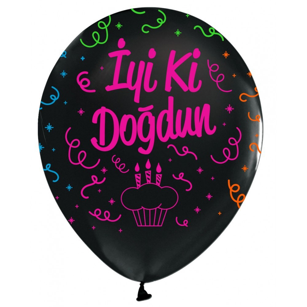 4 Renk Baskılı Siyah-Şeffaf İyiki Doğdun Balon 25 Adet