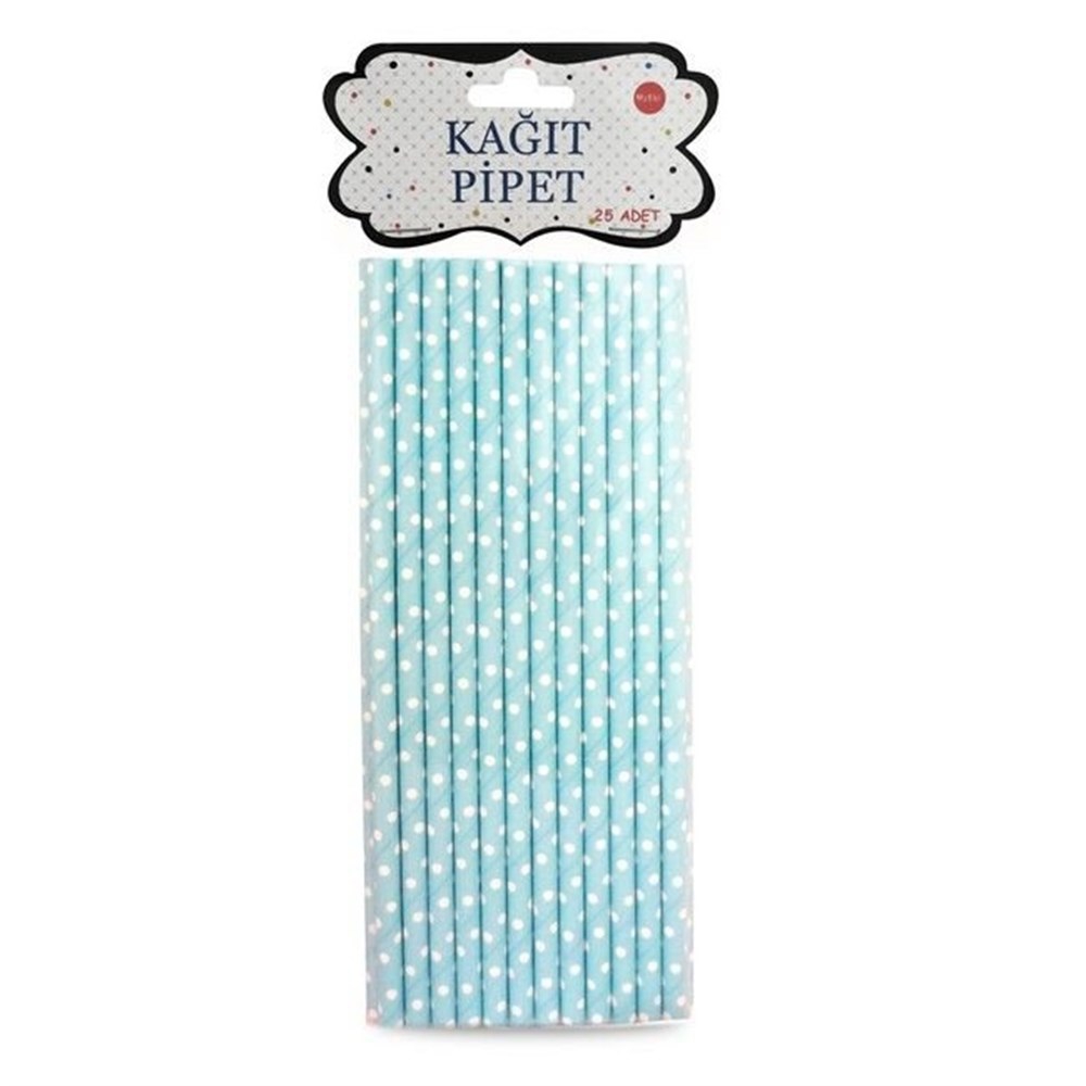 Mavi Puanlı Kağıt Pipet 25 Adet