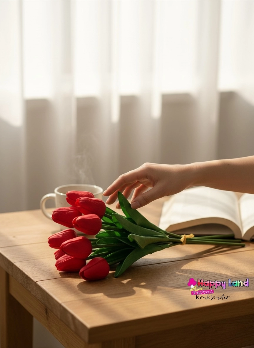  Happyland Yapay Çiçek Kırmızı Islak Lale 8’Lİ 1 Demet Gerçekçi Doku Lale Demeti