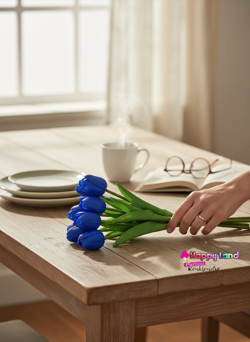 Happyland Yapay Çiçek Koyu Mavi Islak Lale 8’Lİ 1 Demet Gerçekçi Doku Lale Demeti