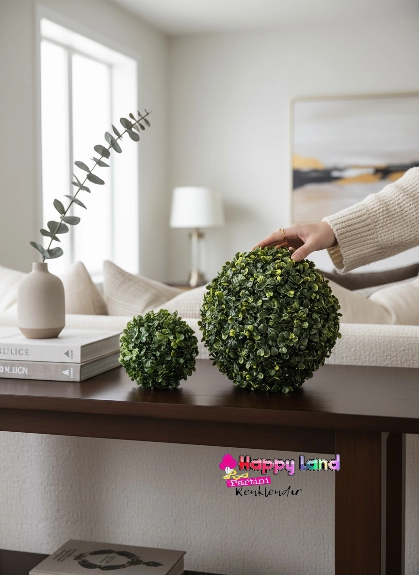 Happyland Yapay Çiçek 2 adet  Top Şimşir Set Dekor 2’li  Set Şimşir (1 adet 10 cm ,1 adet 20 cm ) Ev Mekan İş Yeri Dekoru