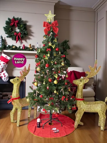 Happyland 180 Cm Yılbaşı Çam Ağacı Seti 5mSarı LedIşıklı 67’li Kırmızı Gold Yılbaşı Seti , KarSpreyi
