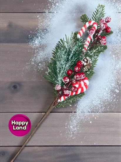 Happyland Yılbaşı Süsü 1 Adet Uzun Saplı 65 cm Karlı Baston Şekerli Kokina Berry Kiraz Dalı HPY26071