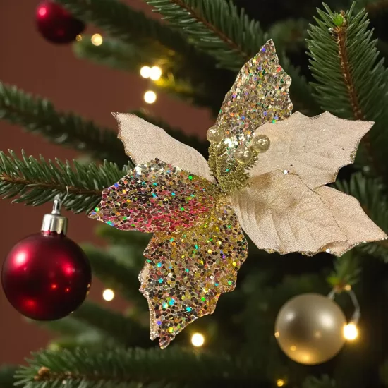 Happyland Yılbaşı Ağacı Süsü Gold Simli Ponsetya Çiçek 28 CM