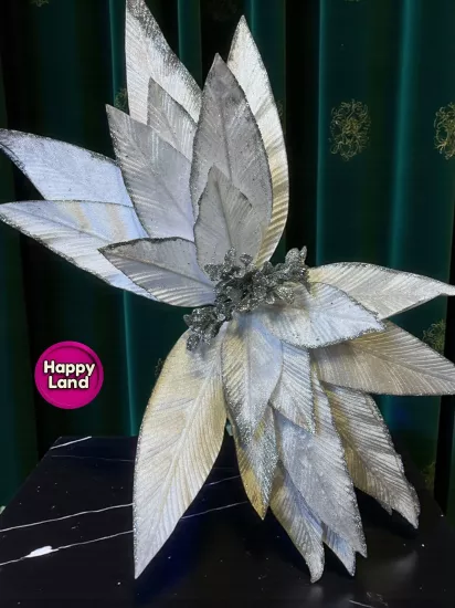 Happyland Yılbaşı Süsü Yapay Simli Papatya Ponsetya Gümüş 60 cm Büyük Boy Atatürk Çiçeği HPY26082