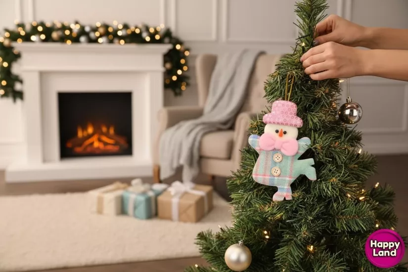 Happyland Yılbaşı Ağacı Süsü Kardanadam Düğmeli Makaron Yeşil Renk Asma Süs 15cm Noel Dekor HPY26045