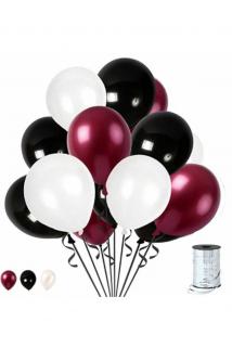 30 Adet Bordo - Beyaz- Siyah Metalik Balon 3’Lü Renk - 12 İnç