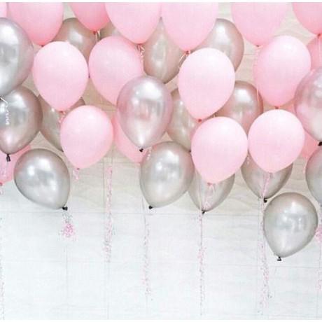 Şeker Pembe Gümüş Gri Metalik Sedefli Parlak  Parti Balonu 25 Adet