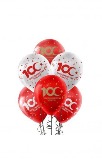Happyland 100. Yıl Baskılı 29 Ekim Cumhuriyet Bayramı Süsleme Balonu Kırmızı Beyaz Renk 100 Adet